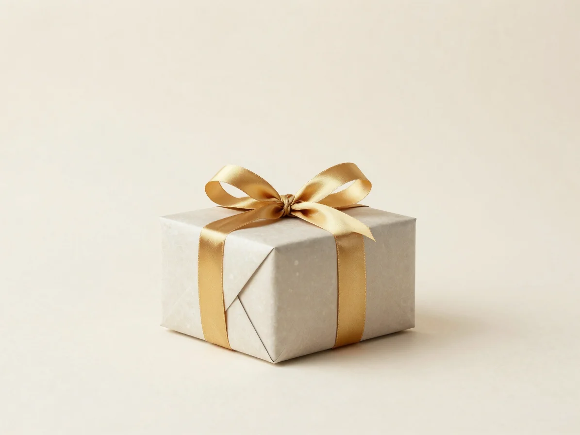 A beautifully wrapped gift box with a gold ribbon on a minimalist cream background, soft studio lighting, elegant compos